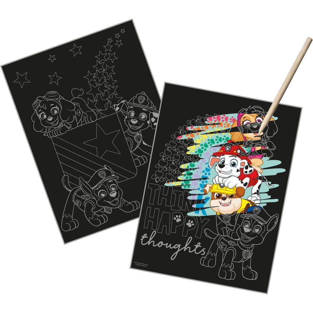 Détail du kit Paw Patrol montrant les surfaces à gratter et les motifs colorés pour enfants créatifs