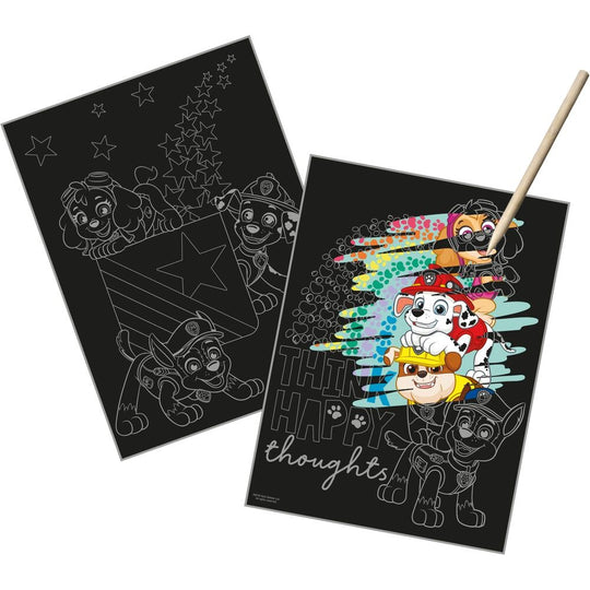 Détail du kit Paw Patrol montrant les surfaces à gratter et les motifs colorés pour enfants créatifs