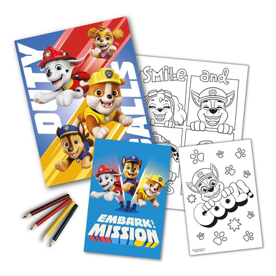 Pages intérieures du set de coloriage Paw Patrol montrant des dessins à colorier détaillés pour enfants