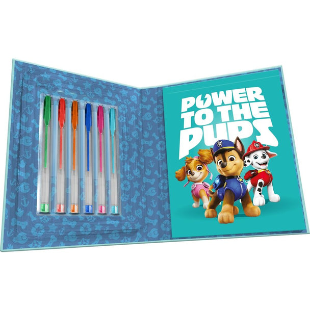 Ensemble des 6 stylos gel colorés inclus avec le carnet d'activités Pat'Patrouille