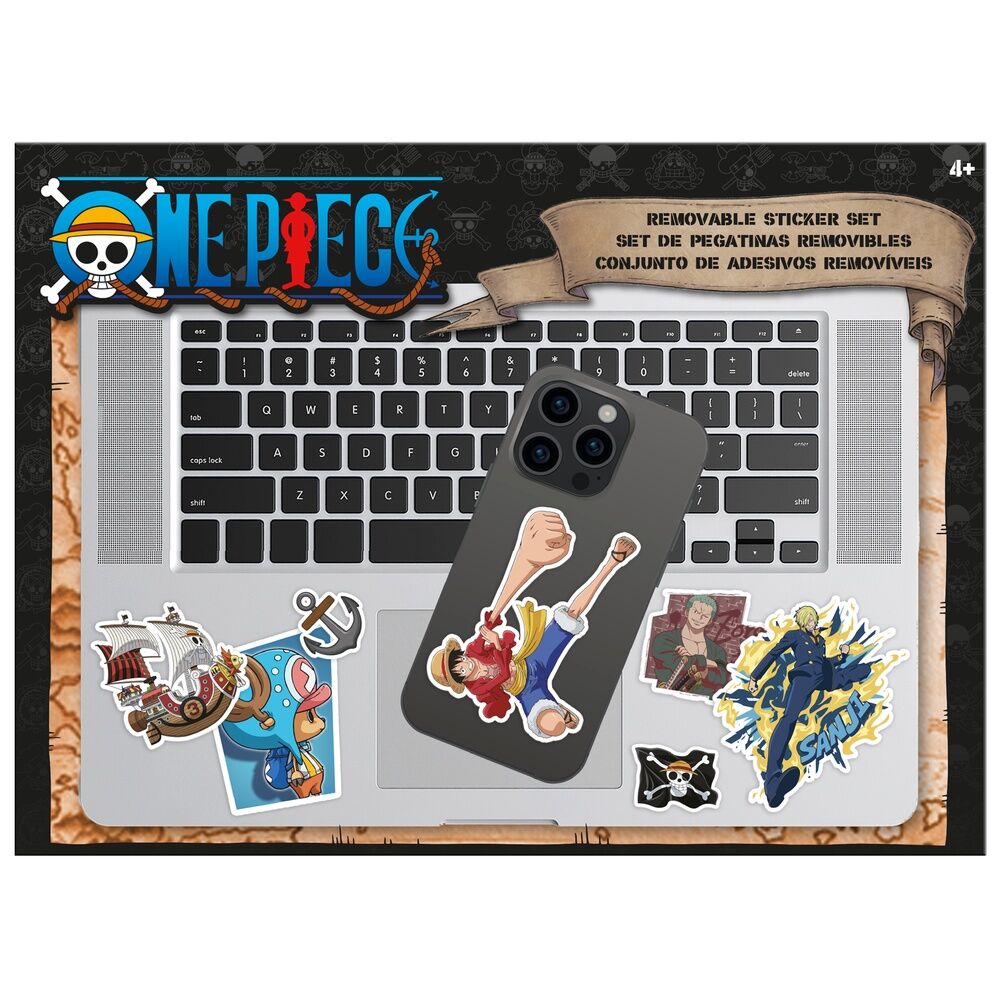 Vue détaillée des stickers One Piece montrant les personnages principaux sur un support 30x22cm