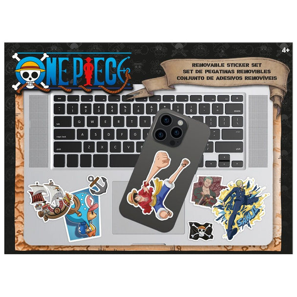 Vue détaillée des stickers One Piece montrant les personnages principaux sur un support 30x22cm