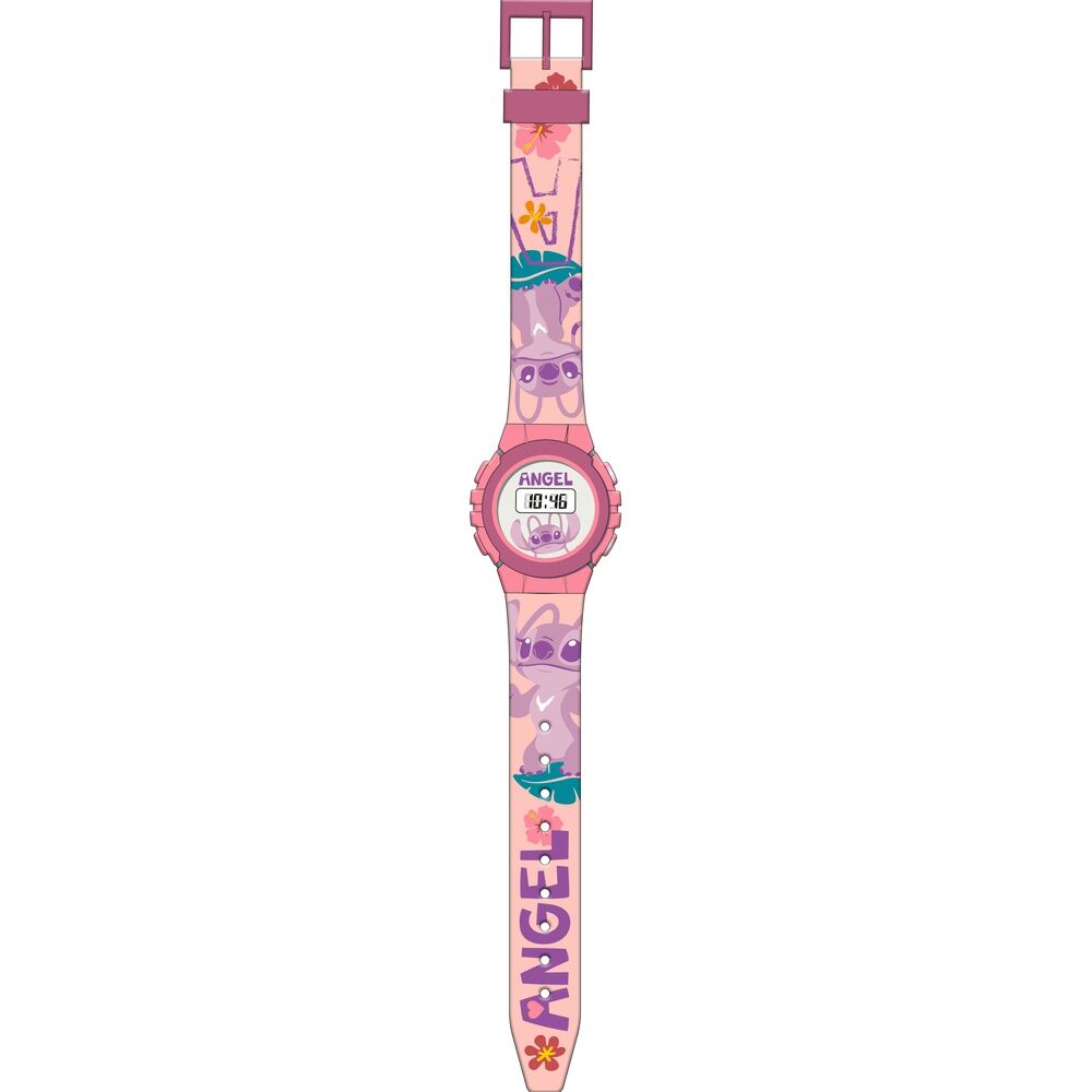 Détail du cadran digital de la montre Disney Stitch Angel montrant les personnages animés