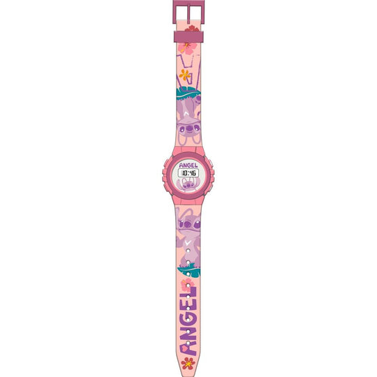 Détail du cadran digital de la montre Disney Stitch Angel montrant les personnages animés