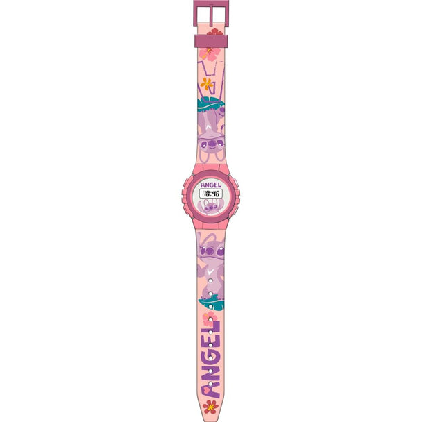 Détail du cadran digital de la montre Disney Stitch Angel montrant les personnages animés