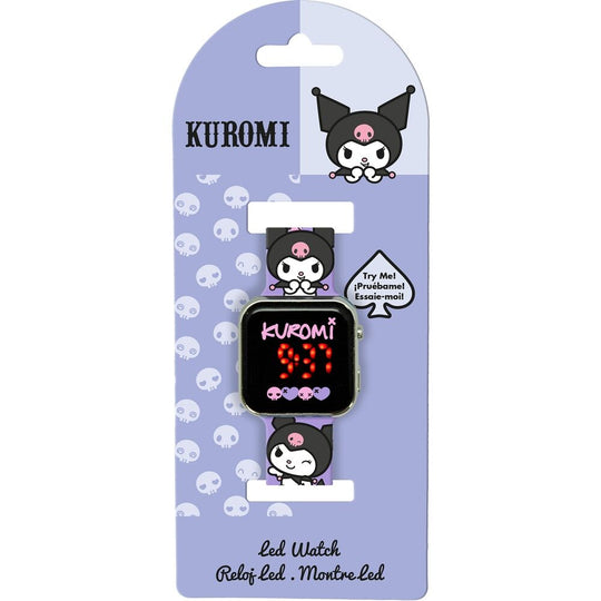 Détail du cadran de la montre LED Hello Kitty Kuromi affichant l'heure dans un design coloré pour enfants