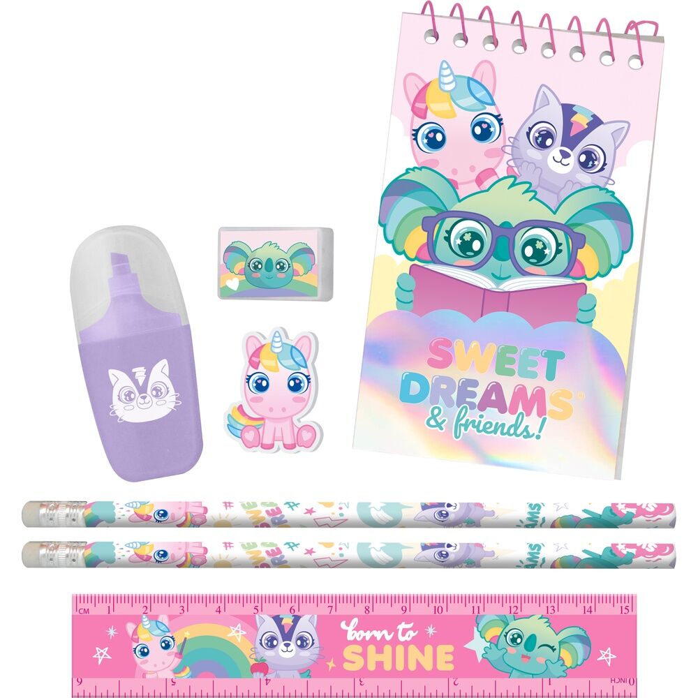 Détail des accessoires inclus dans le set papeterie Sweet Dreams pour enfants