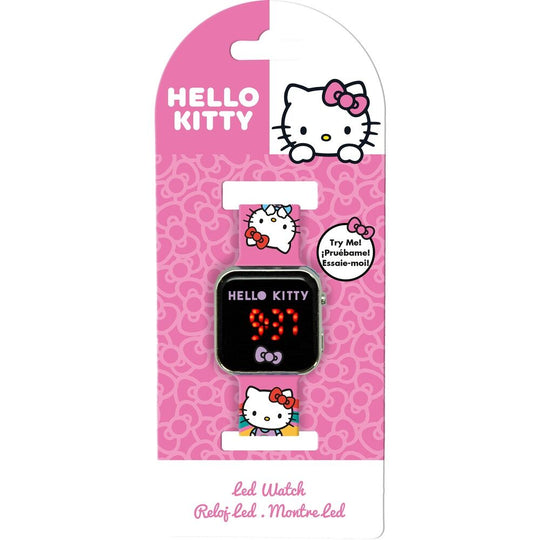 Détail de la montre LED Hello Kitty montrant le bracelet coloré et le boîtier compact.