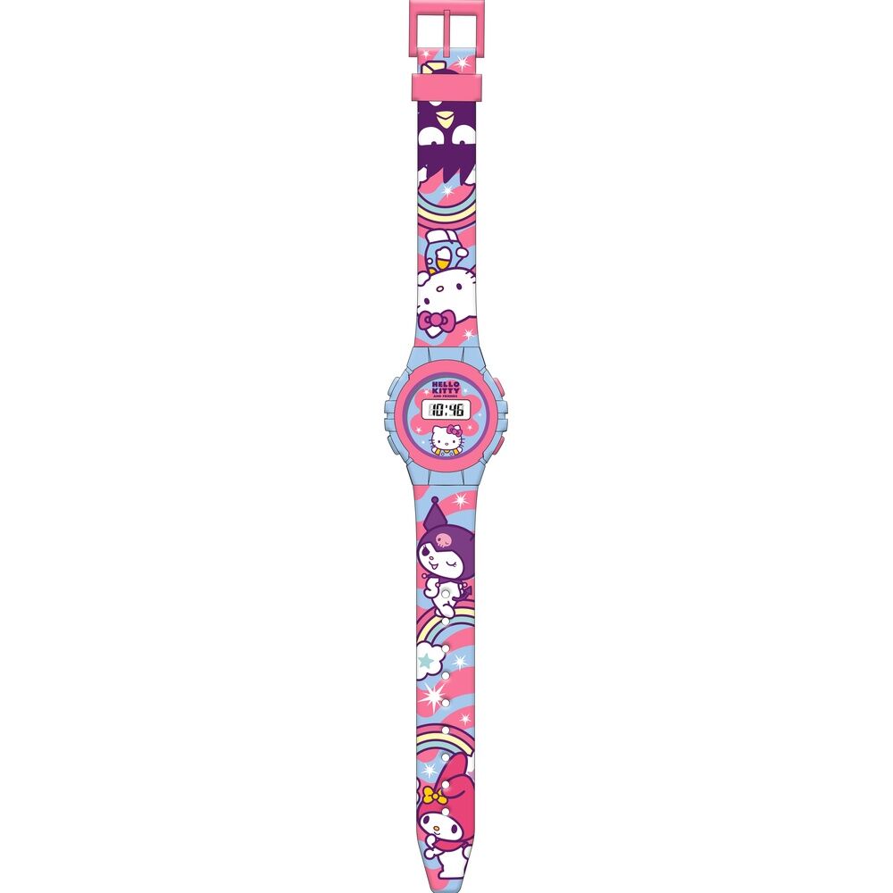 Vue rapprochée du cadran digital de la montre Hello Kitty et ses amis sur fond blanc
