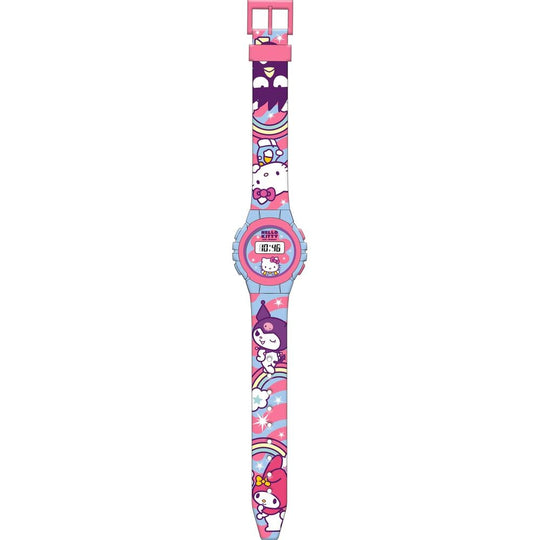 Vue rapprochée du cadran digital de la montre Hello Kitty et ses amis sur fond blanc