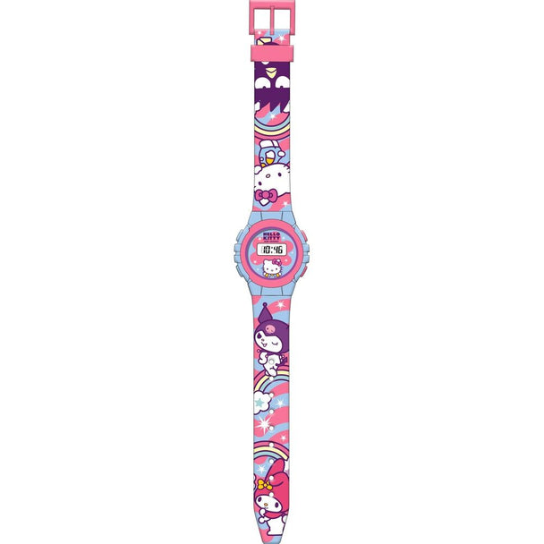 Vue rapprochée du cadran digital de la montre Hello Kitty et ses amis sur fond blanc