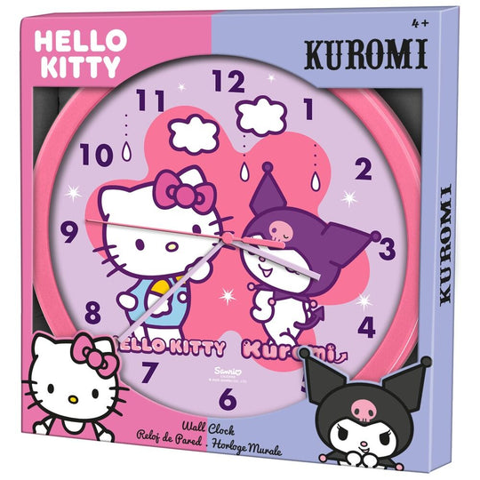 Détail de l'horloge murale Hello Kitty et Friends montrant les personnages et le mécanisme d'horloge