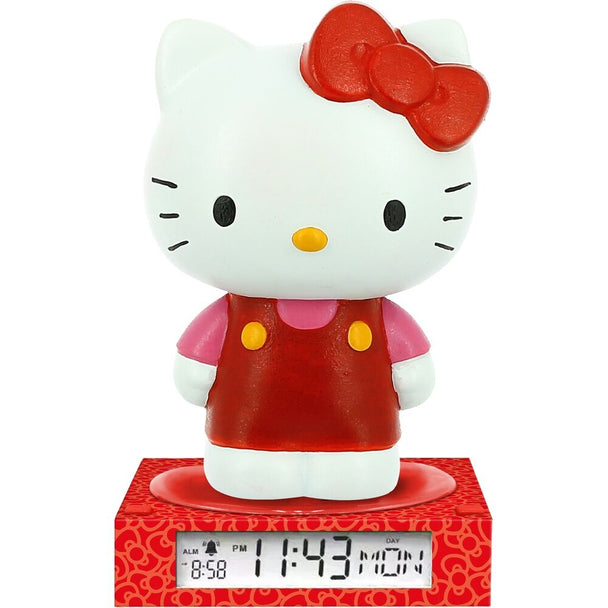 Détail de la lampe 3D Hello Kitty montrant les personnages et l'écran du réveil intégré