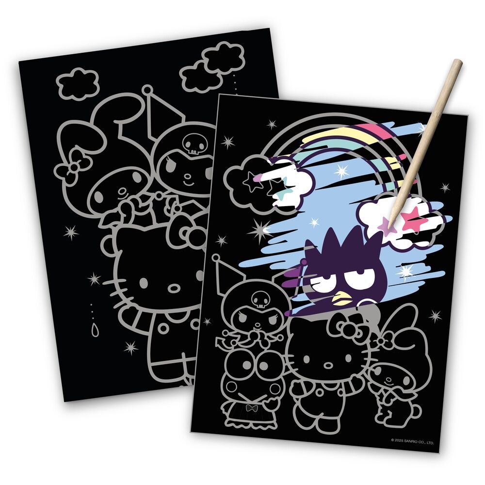 Vue rapprochée du set Hello Kitty et ses amis montrant les détails colorés et le format 22,5x29,5 cm