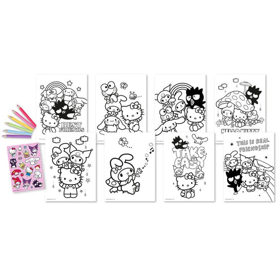 Exemple de page coloriée du set Hello Kitty and Friends avec autocollants inclus pour personnalisation