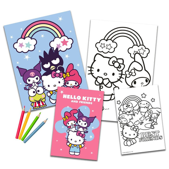 Vue rapprochée des illustrations Hello Kitty et ses amis dans le set de coloriage KIDS LICENSING