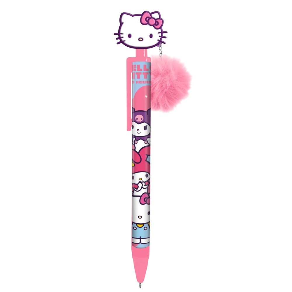 Détail de l'embout stylo Hello Kitty and Friends montrant les personnages emblématiques sur fond blanc