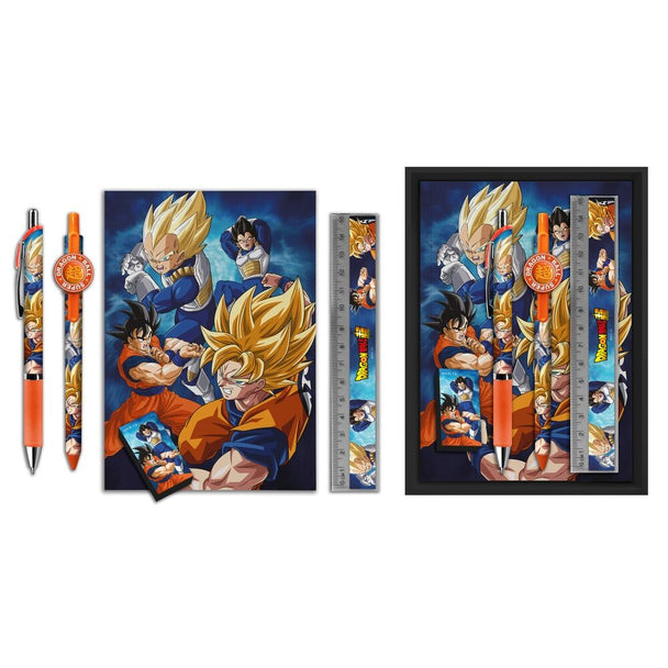 Contenu du set papeterie Dragon Ball Super comprenant stylos, crayons et autres accessoires sur fond blanc