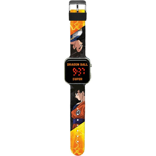Vue latérale de la montre LED Dragon Ball Super montrant ses dimensions compactes de 18x7,5x3cm et son bracelet confortable
