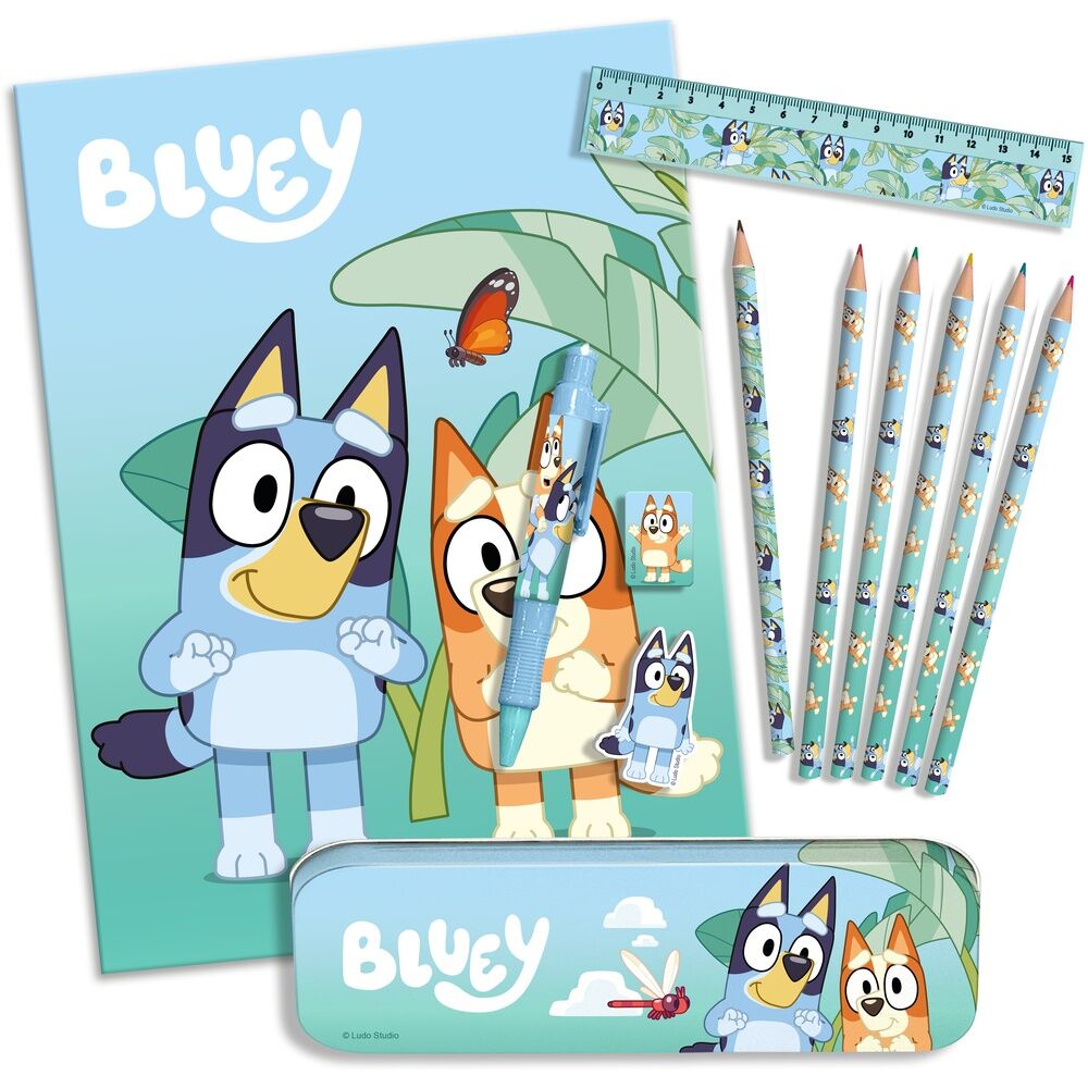 Boîte bleue du set de papeterie Bluey, dimensions 22,5x30x2cm, idéale pour enfants