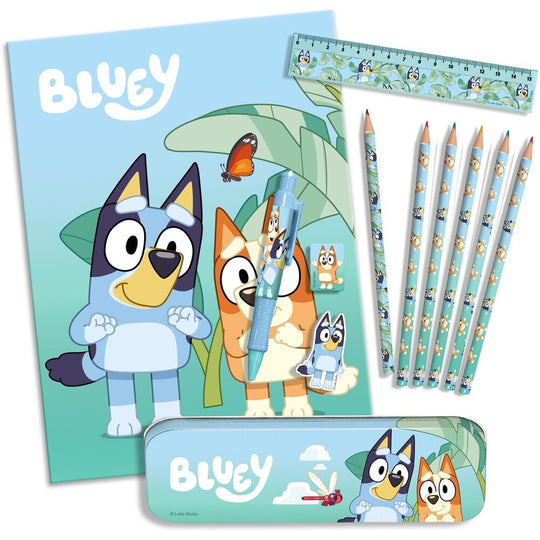 Boîte bleue du set de papeterie Bluey, dimensions 22,5x30x2cm, idéale pour enfants