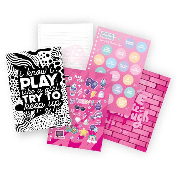 Pages intérieures du carnet Wow Generation Gamer avec dessins à colorier, stickers et feuilles parfumées