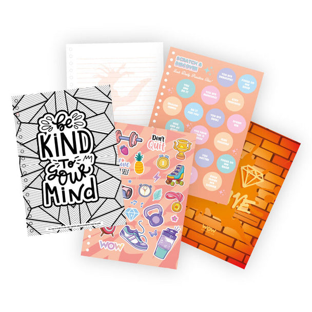 Pages intérieures du cahier Wow Generation Dancer Megan montrant dessins à colorier, stickers et activités de grattage