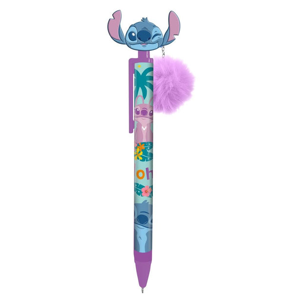 Accessoire de stylo Disney Stitch fixé sur un stylo, montrant son design amusant et dimensions pratiques