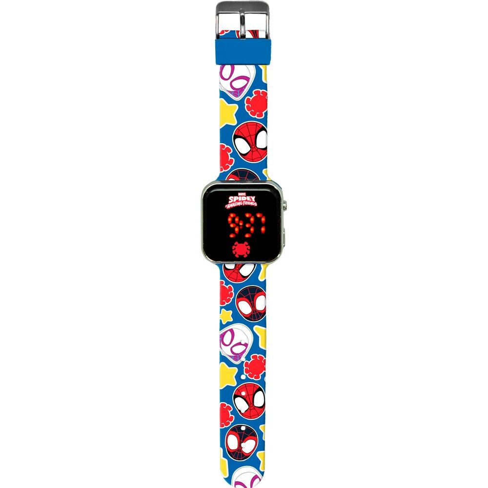 Détail du cadran de la montre Marvel Spidey The Amazing Friends avec logo et design enfantin