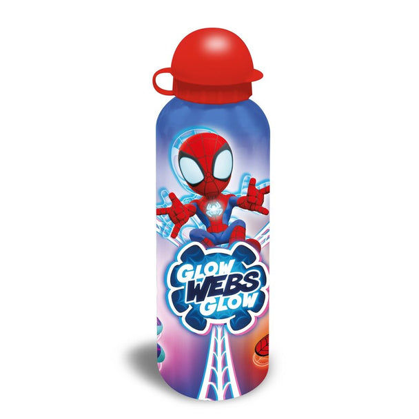 Vue rapprochée du bouchon et du corps en aluminium de la gourde Marvel Spidey the Amazing Friends