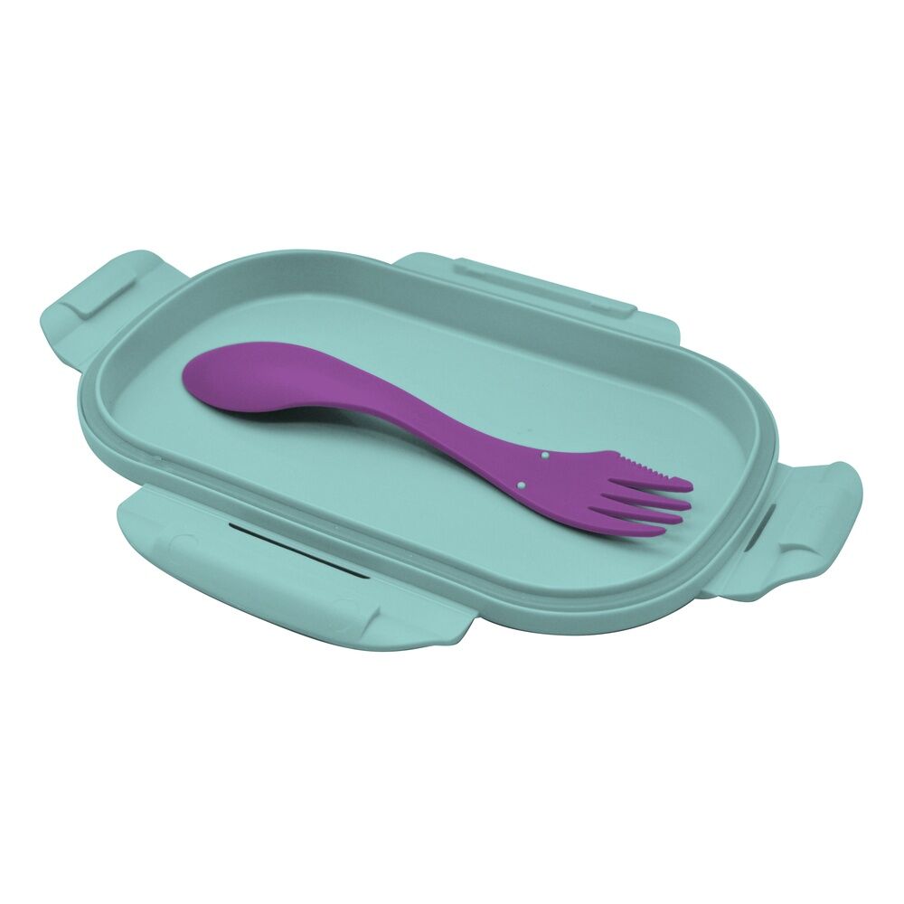 Lunch box ouverte montrant les compartiments et les couverts assortis intégrés