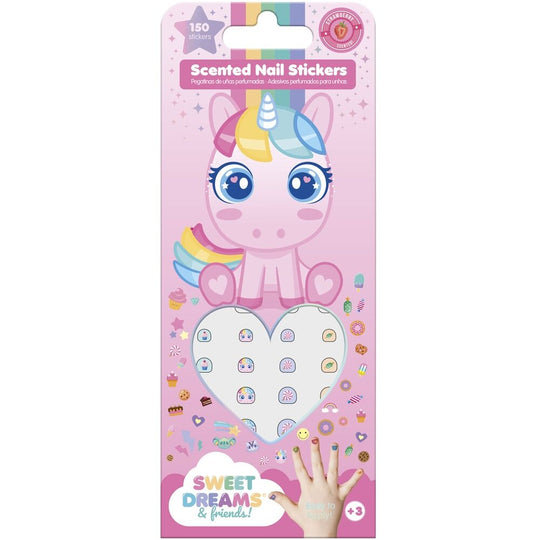 Exemple d'application des stickers Sweet Dreams sur ongles, montrant des motifs ludiques et colorés