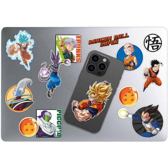 Présentation des différents stickers du set Dragon Ball Super posés sur une surface lisse et lumineuse