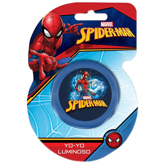 Yo-yo lumineux Marvel Spiderman rouge et bleu avec éclairage intégré, vue de face sur fond blanc.