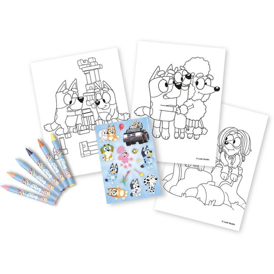 Pages intérieures du set de coloriage Bluey montrant des dessins à colorier adaptés aux enfants