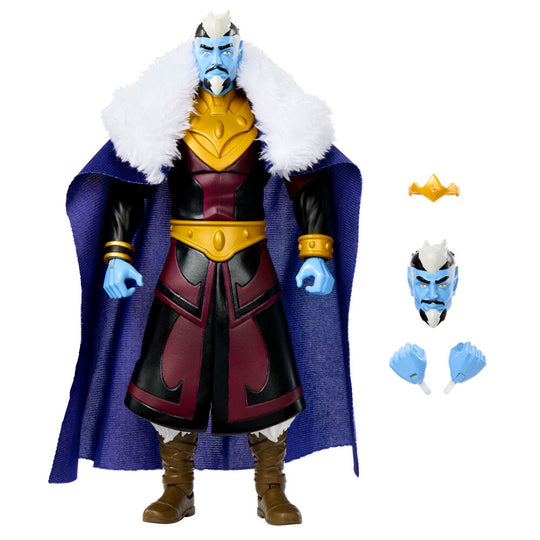 Figurine King Keldor Masters of the Universe Revolution de face avec cape en tissu et col à plumes