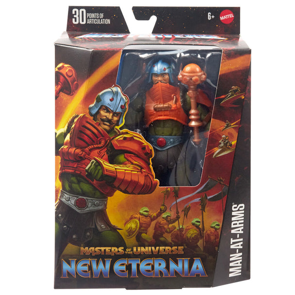 Vue rapprochée de la tête interchangeable avec casque à clipser de la figurine Man-At-Arms