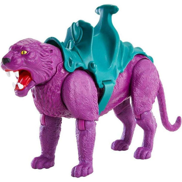 Détail de la figurine Panthor MATTEL montrant les articulations et les couleurs vives dans un décor neutre