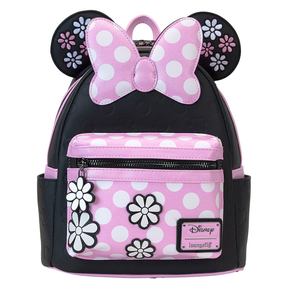 Vue de face du sac à dos Loungefly Disney Minnie Floral Rock the Dots en simili cuir vegan avec détails brodés et imprimés colorés