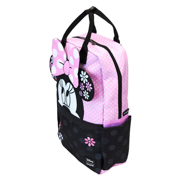 Détail des bretelles ajustables en nylon brun du sac à dos Minnie Floral Rock the Dots Loungefly