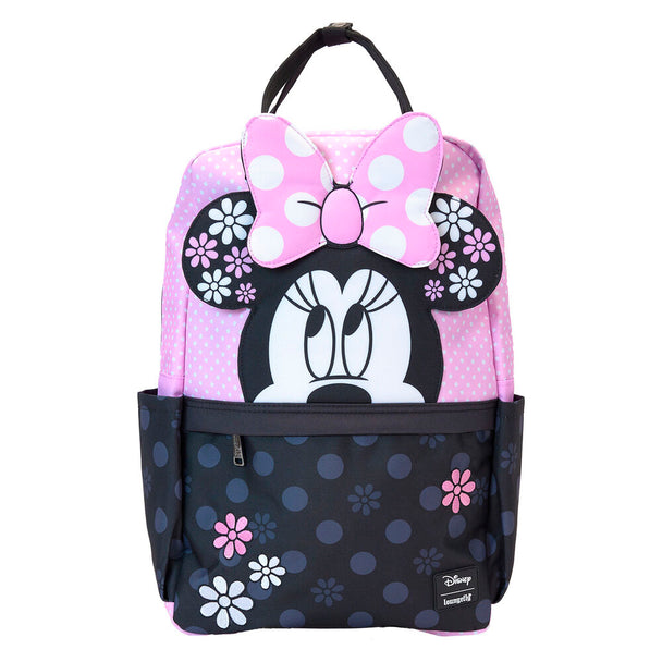 Vue avant du sac à dos Loungefly Disney Minnie Floral Rock the Dots en nylon avec fermeture éclair et détails brodés