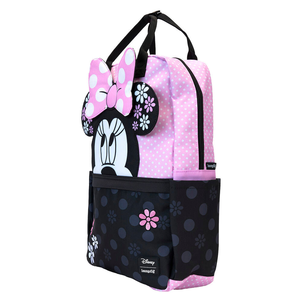 Vue latérale montrant les poches latérales pratiques du sac à dos Disney Minnie Floral Rock the Dots