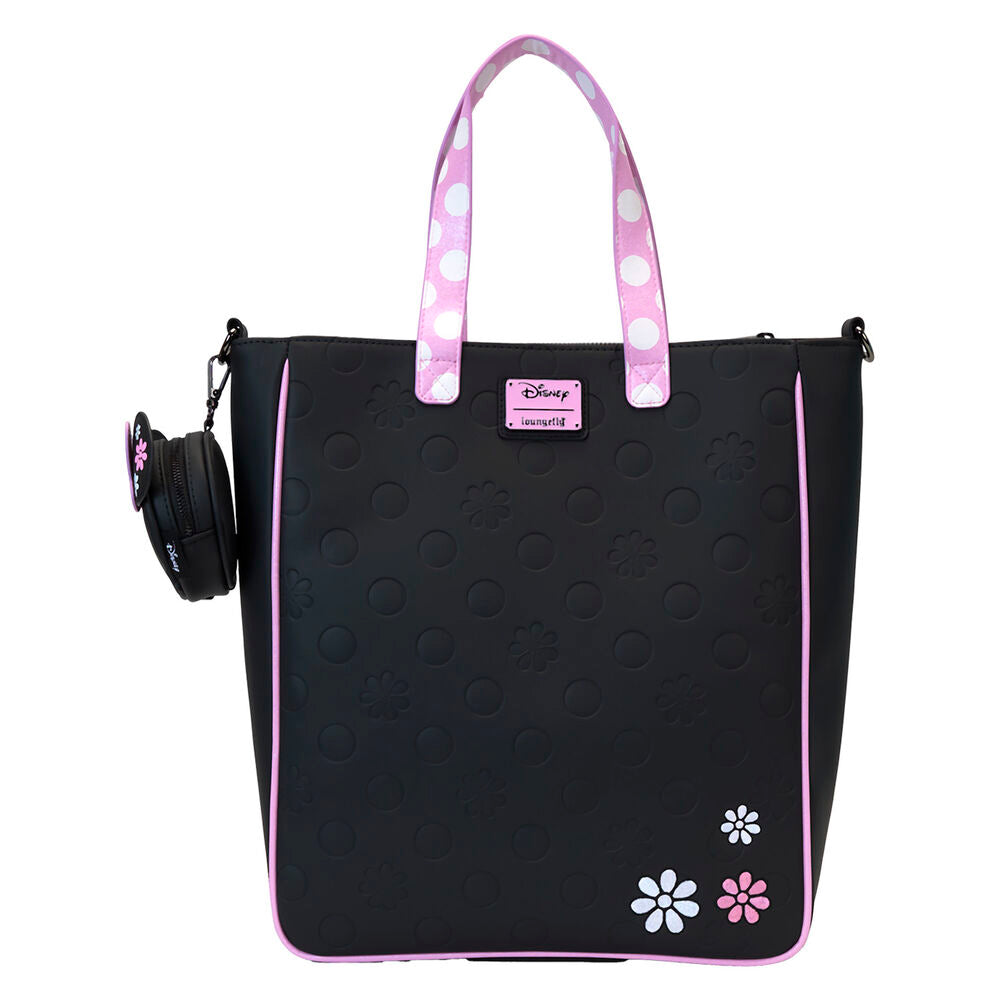 Gros plan sur les poignées supérieures robustes en cuir vegan du sac Disney Minnie