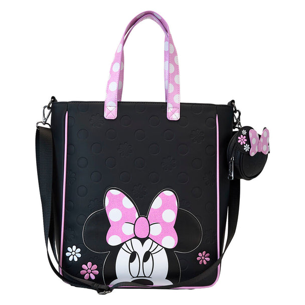 Détail de la broderie florale et des motifs à pois sur le sac tote Minnie Loungefly