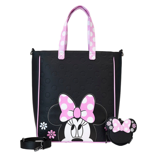 Vue de face du sac tote Loungefly Disney Minnie Floral Rock the Dots en cuir vegan avec porte-monnaie assorti
