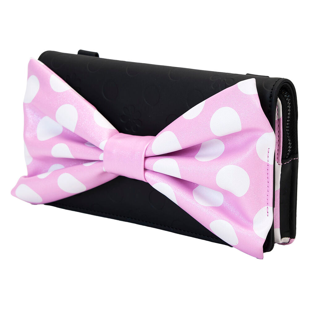 Détail du nœud 3D rouge avec paillettes sur le sac Minnie Floral Rock the Dots