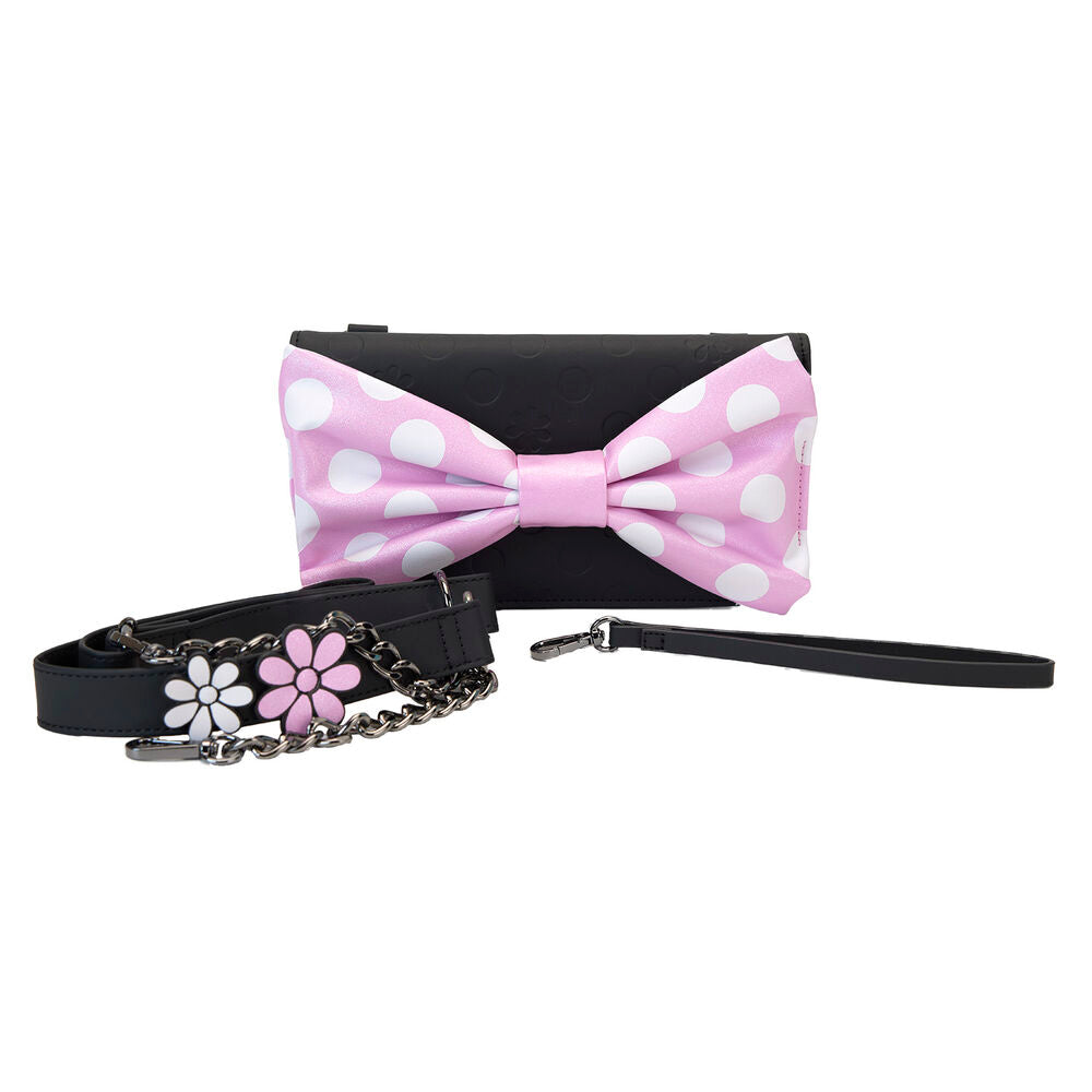 Vue de côté du sac Loungefly Disney Minnie montrant la bandoulière ajustable en cuir vegan