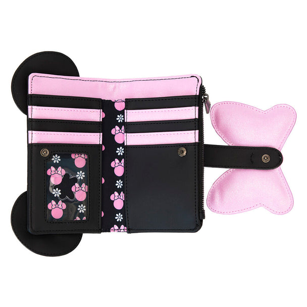 Détail des 7 emplacements pour cartes et fenêtre découpée pour carte d'identité du portefeuille Minnie Floral Rock the Dots