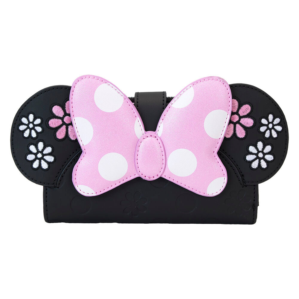Vue avant du portefeuille Loungefly Disney Minnie Floral Rock the Dots en cuir vegan avec motif floral coloré et fermeture bouton-pression bronze