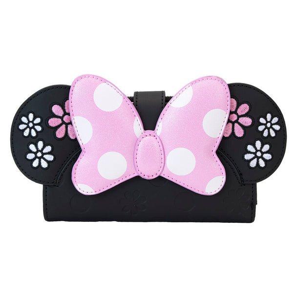 Vue avant du portefeuille Loungefly Disney Minnie Floral Rock the Dots en cuir vegan avec motif floral coloré et fermeture bouton-pression bronze
